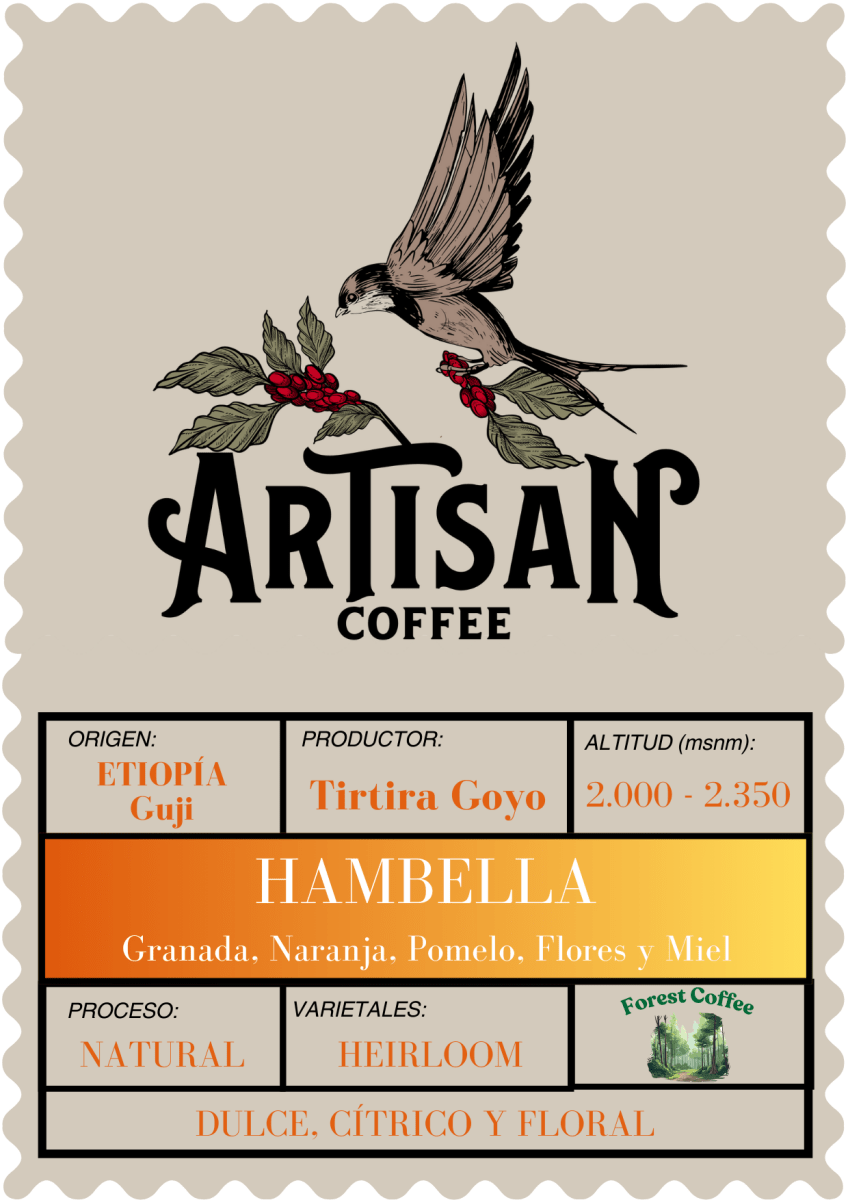Hambella. Café de Etiopía. Natural - Artisancoffee   Origen: Etiopía Región: Guji Productor: Hambella Flavor Estación de lavado: Tirtira Goyo Altitud: 2.000 - 2.350 metros Varietal: Heirloom Notas de Cata: Granada, Naranja, Pomelo, Flores y Miel