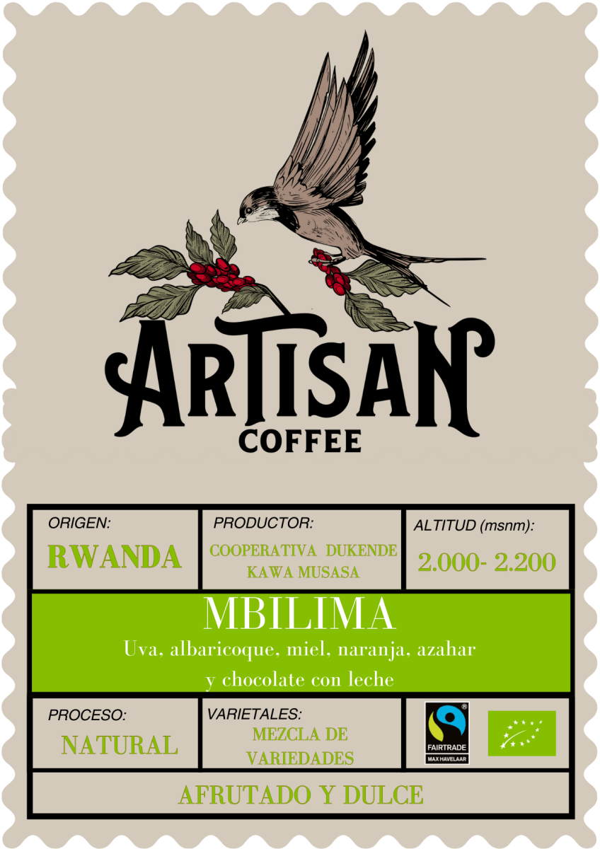 Mbilima. Café de Rwanda. Natural - Artisancoffee    Notas de Sabor: Uva, Albaricoque, Frambuesa, naranja, azahar, miel y chocolate con leche  Origen: Rwanda, Provincia del Norte, Terroir Musasa  Productor: Dukunde Kawa  Proceso: Natural  Altitud: 2.000 - 2.200 msnm  Período de Cosecha: Marzo - Mayo  Tipo de Cosecha: Manual