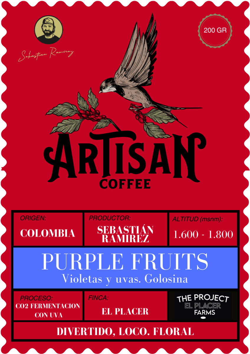 Purple Fruits de Sebastián Ramirez. Café de Colombia. Co-fermentado con uva - Artisancoffee   El proyecto El Placer Farms, liderado por Sebastián, es un testimonio de su visión para el café de especialidad, fomentando prácticas sostenibles y apoyando a pequeños agricultores locales y a una fundación de animales abandonados.