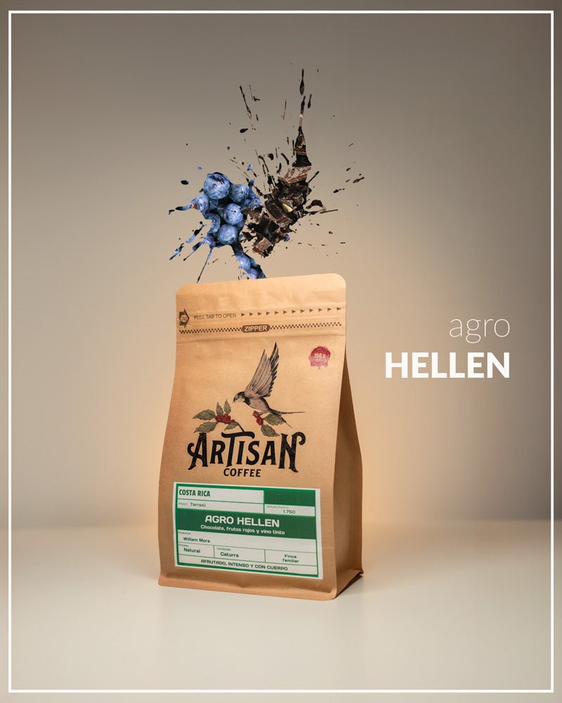 Agro Hellen. Café de Costa Rica. Natural - Artisancoffee ¡Buenas! Aquí os presento el Costa de Rica Agro-Hellen, un cafetazo para expreso. Es súper potente, súper intenso, no te ha hecho colates y frutos rojos. No es un expreso clásico, es un poquito más, es muy distinto, ¿puedes gustar? O no, ahora os merece la pena probarlo aquí abajo, os dejo la descripción y en el rato en el que lo hacemos nosotros.