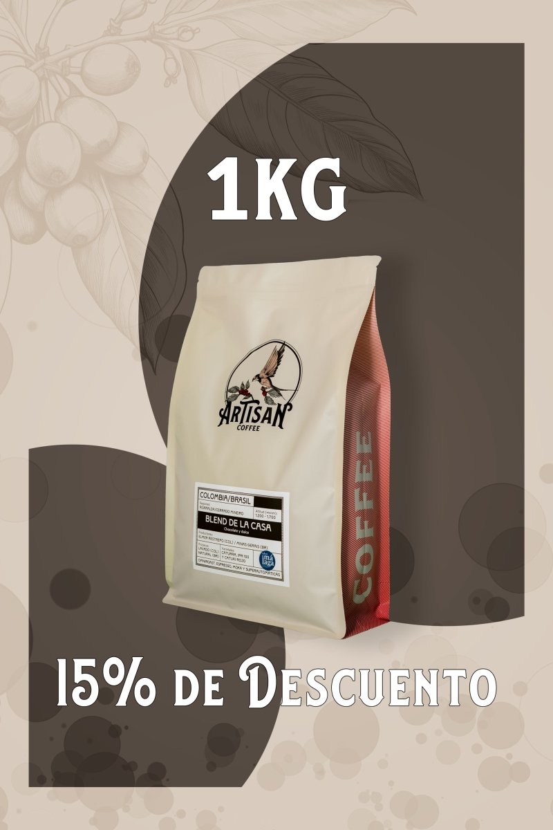 Artisan Blend café de especialidad con notas a chocolate y baja acidez. 15 por ciento de descuento en la compra de un kilo