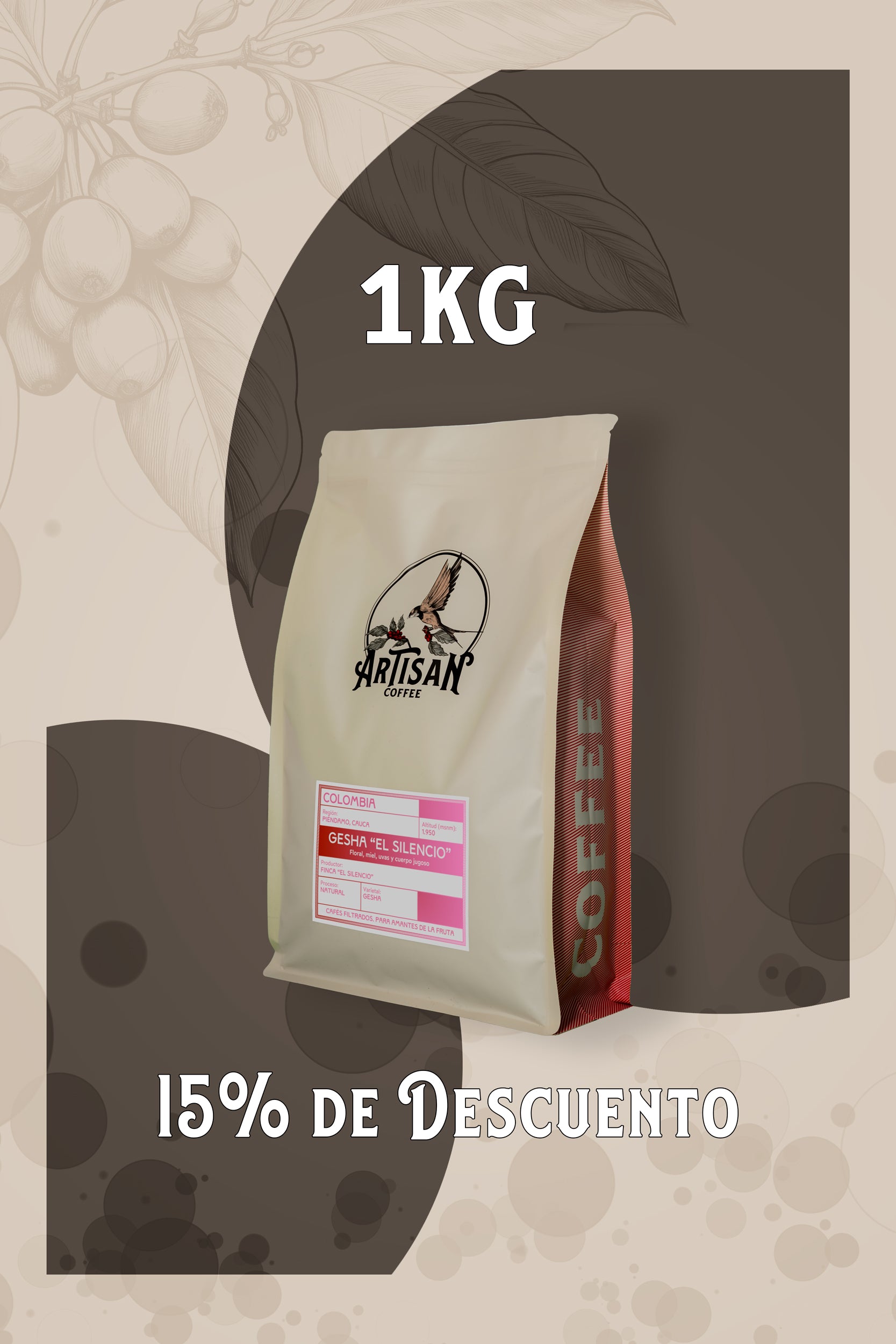 Café Gesha El Silencio de Colombia con notas florales, miel y uvas. 15% de descuento en compras de un kilo